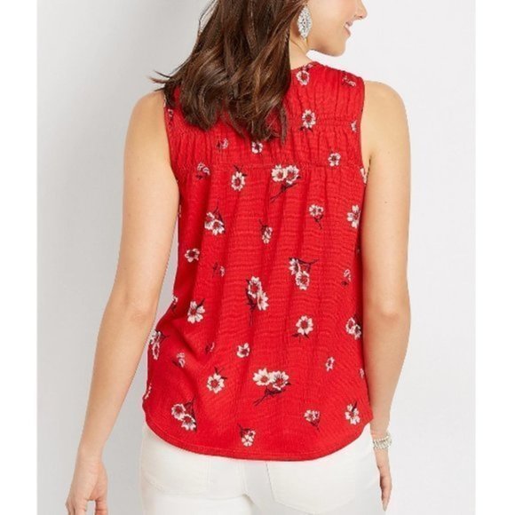 MAURICES Red Floral Lace Up Tank Top Small - Picture 3 of 10